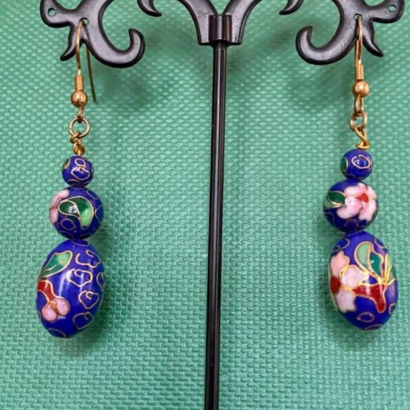 Cloisonné Enamel Drop Earrings With Floral Design - 2 Inches Long - Picture 2 of 3